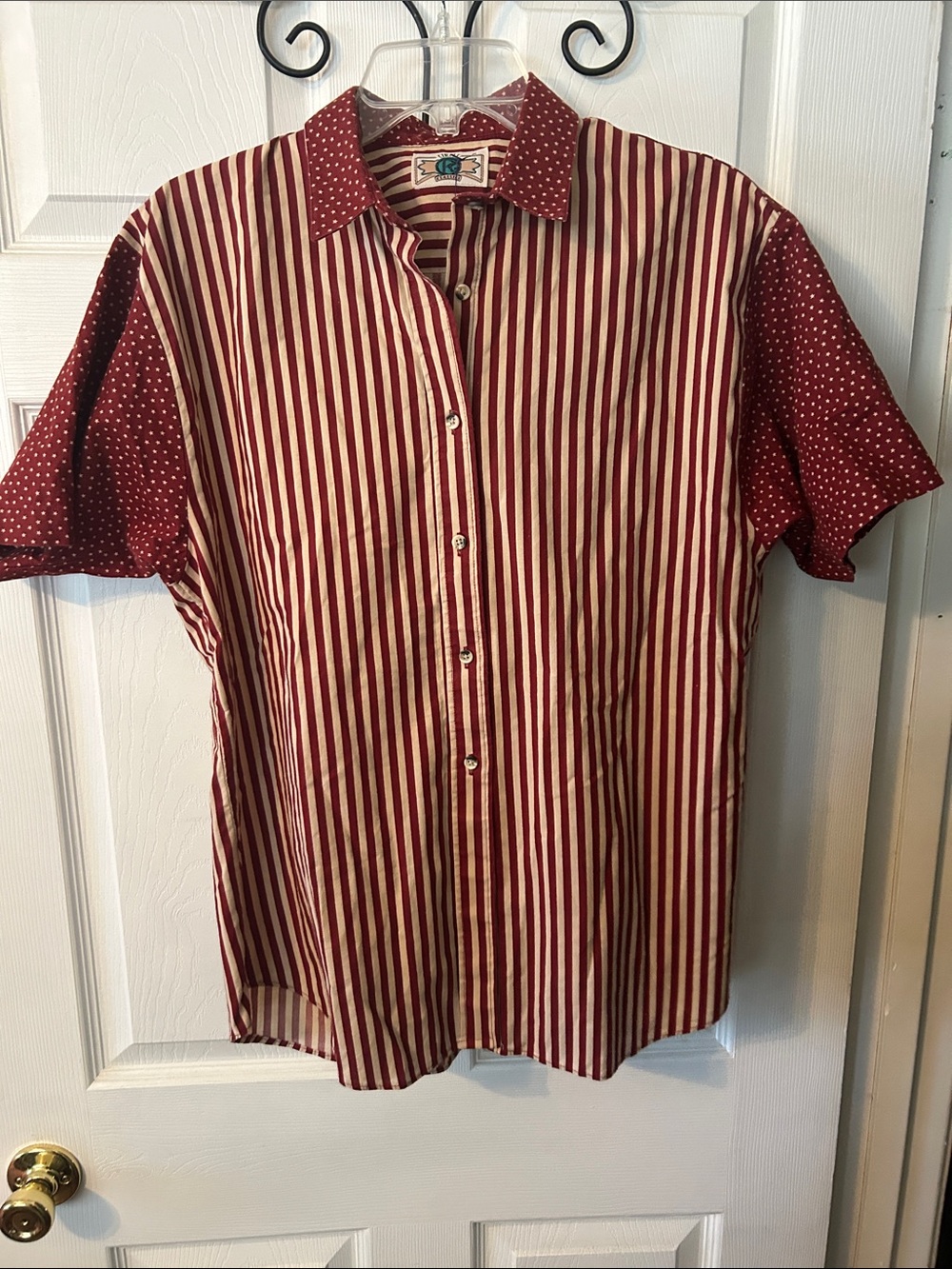 Striped Short-Sleeve Button-Up Shirt in Burgundy and Cream